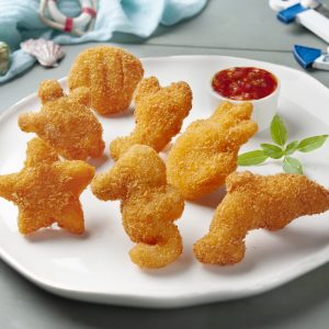 Breaded pangasius in seafood forms